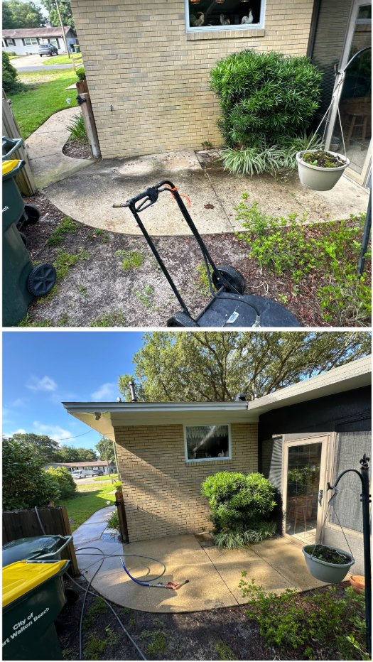 Before and after pressure washing a driveway and home exterior on the Emerald Coast